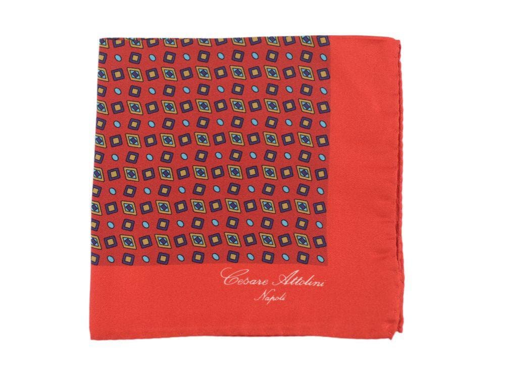 Cesare Attolini Pocket Squares Cesare Attolini Red Geometric Motif Silk Pocket Square Handmade In Italy