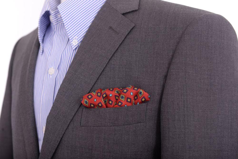 Cesare Attolini Pocket Squares Cesare Attolini Red Geometric Motif Silk Pocket Square Handmade In Italy