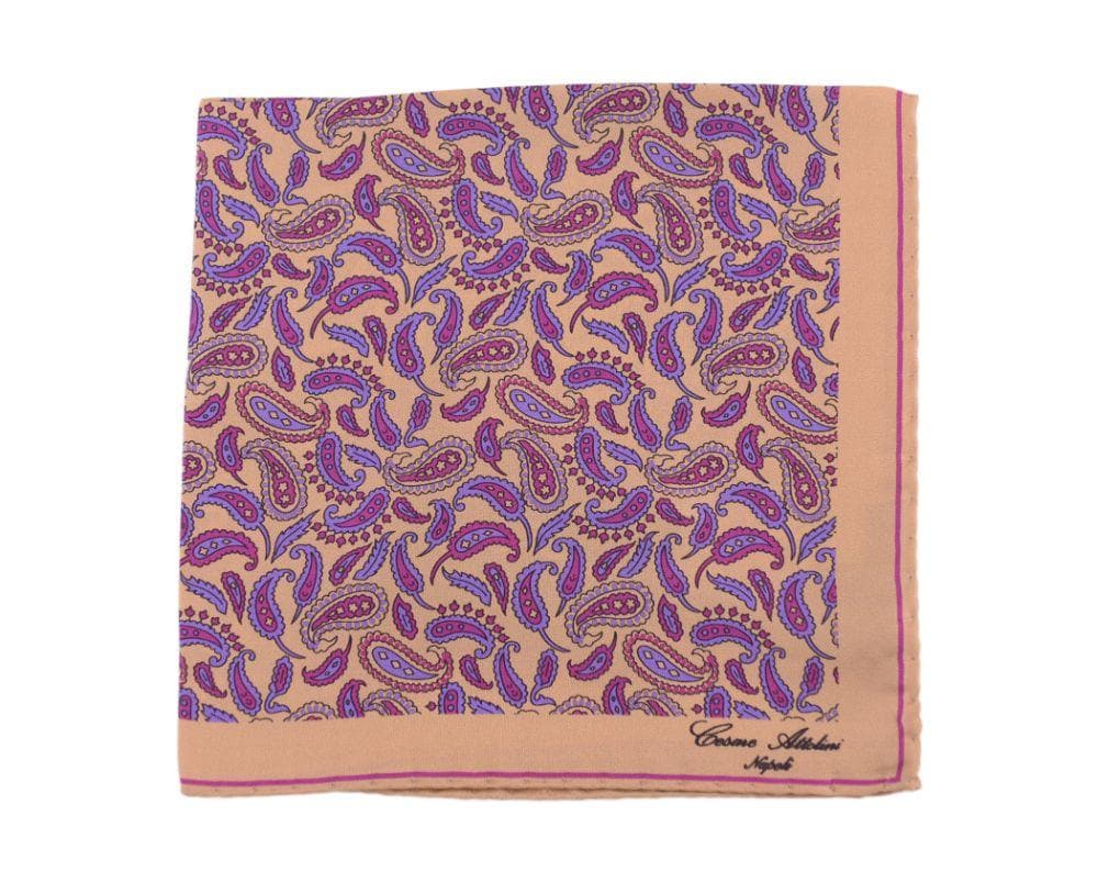 Cesare Attolini Pocket Squares Cesare Attolini Tan &amp; Purple Paisley Motif Silk Pocket Square Handmade In Italy