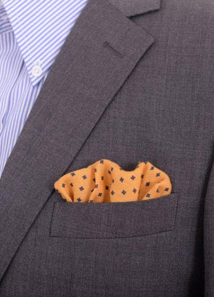 Cesare Attolini Pocket Squares Cesare Attolini Yellow & Navy Floral Motif Wool Pocket Square Handmade In Italy