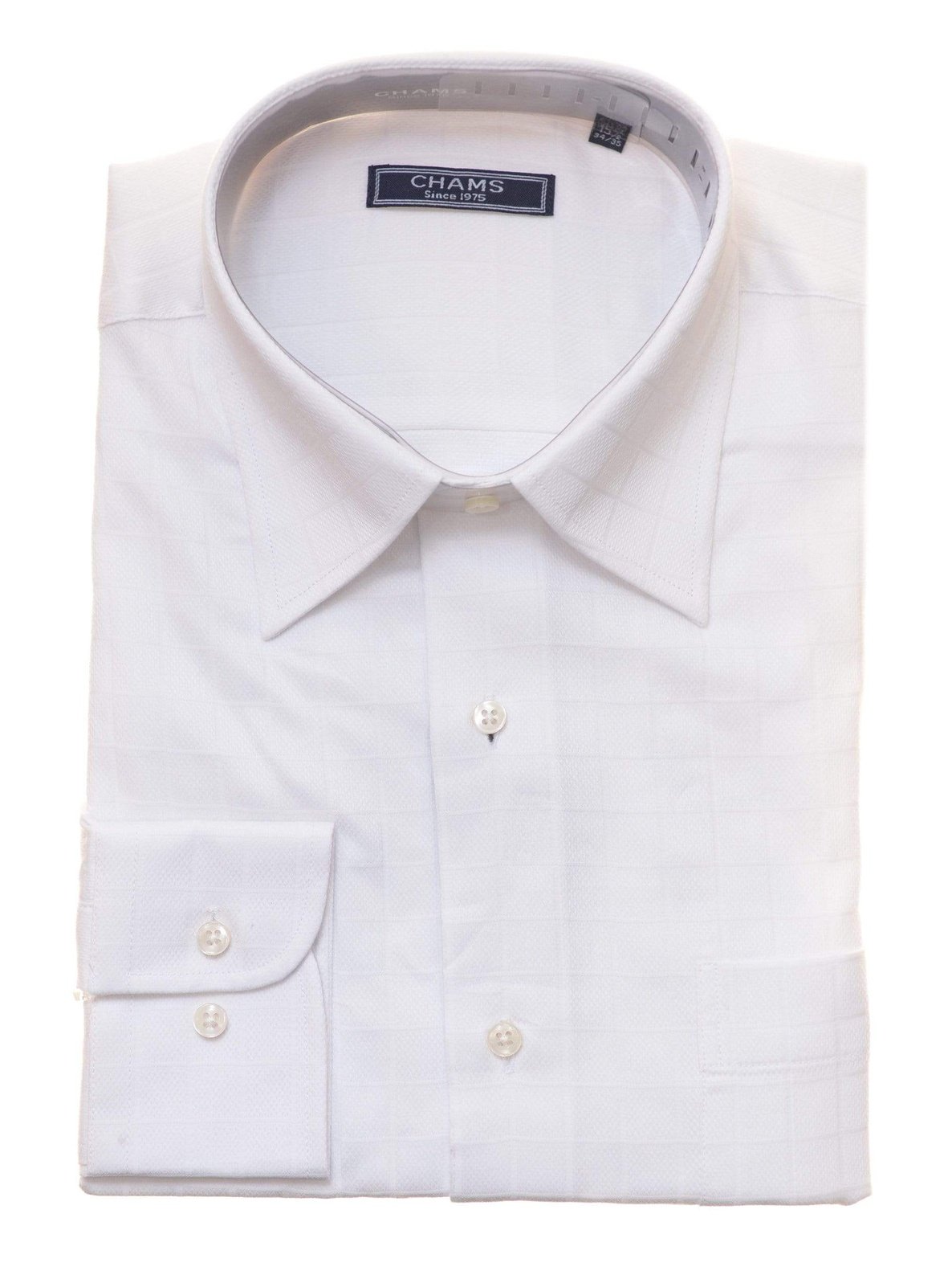 Chams SHIRTS 14 1/2 34/35 Chams Classic Fit White Tonal Plaid Fine Combed Cotton Dress Shirt