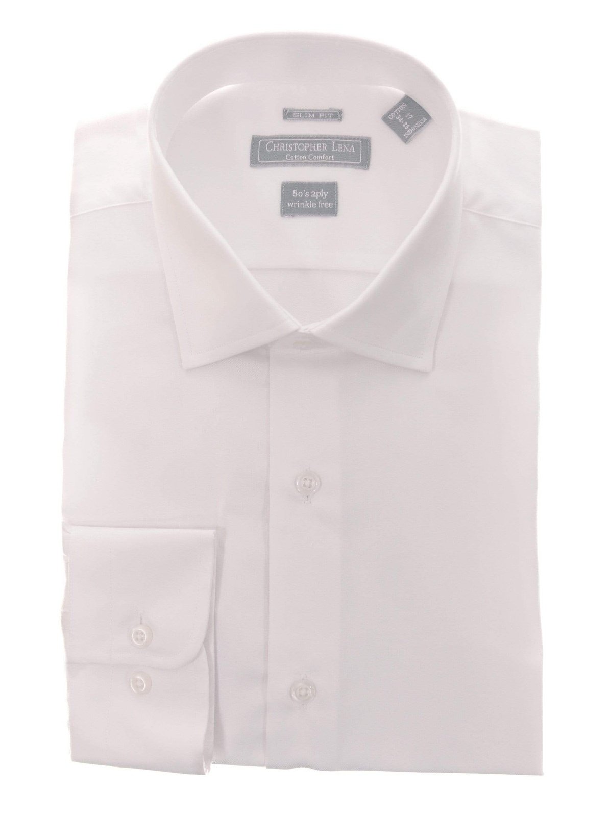Christopher Lena SHIRTS White / 17 32/33 Mens Slim Fit Solid Spread Collar Cotton Wrinkle Free Dress Shirt