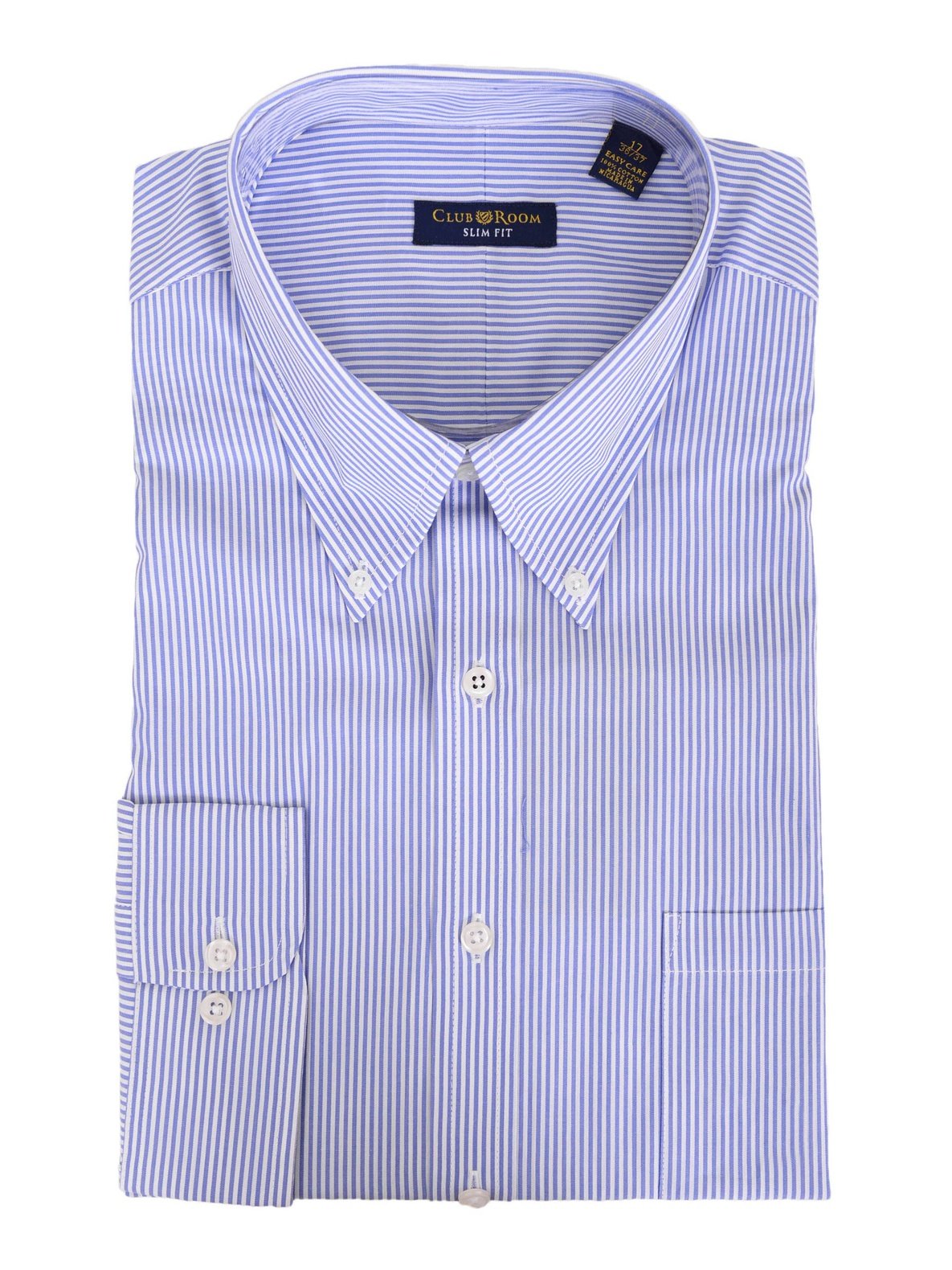 Club Room Slim Fit Blue Striped Button Down Collar Easy Care Cotton Dress  Shirt