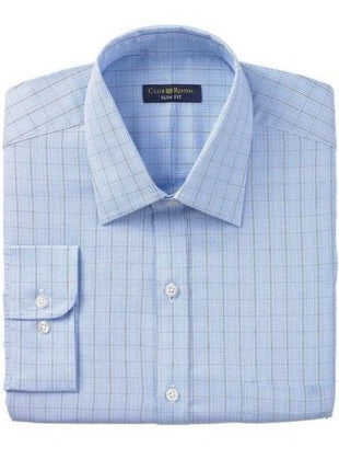 Club Room SHIRTS Club Room Slim Fit Blue Plaid Button Down Collar Easy Care Cotton Dress Shirt