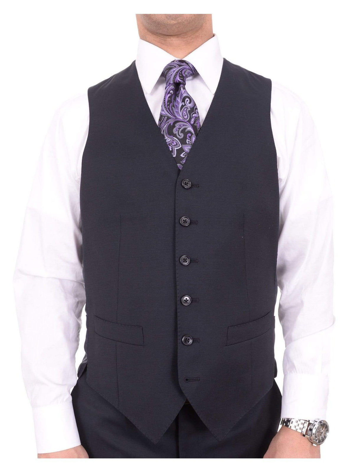 Corneliani THREE PIECE SUITS Corneliani 36r 46 Drop 6 Solid Navy Blue Three Button Three Piece Wool Suit
