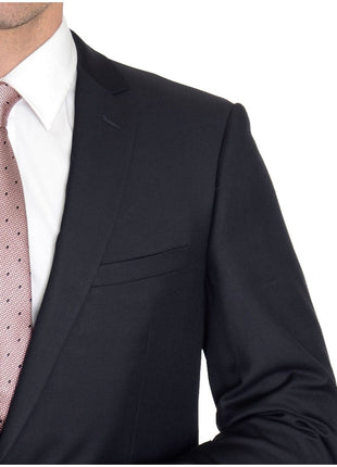 close up of navy blue blazer lapel