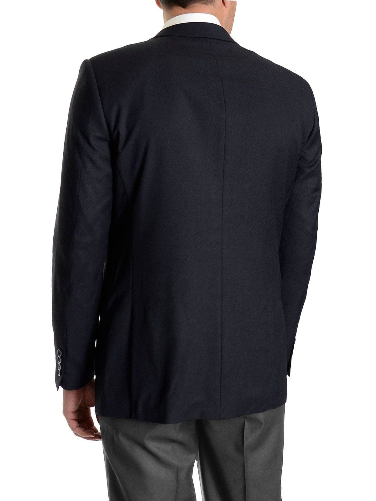 back view of navy blue two button men's blazer