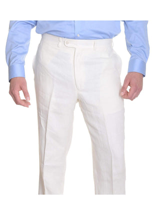 Crespi PANTS 32W Crespi Classic Fit Solid Off-White Flat Front Linen Casual Pants