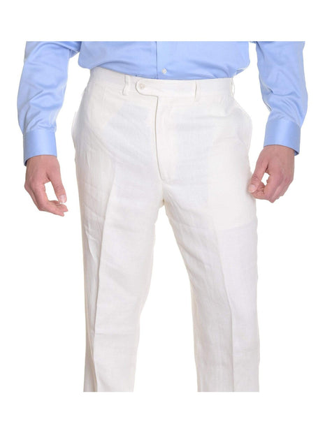 Crespi Classic Fit Solid Off-White Flat Front Linen Casual Pants, 38