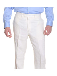 Thumbnail for Crespi PANTS 32W Crespi Classic Fit Solid Off-White Flat Front Linen Casual Pants