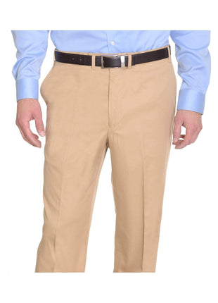 Crespi PANTS 32W Crespi Classic Fit Solid Tan Beige Flat Front Cotton Casual Khaki Pants