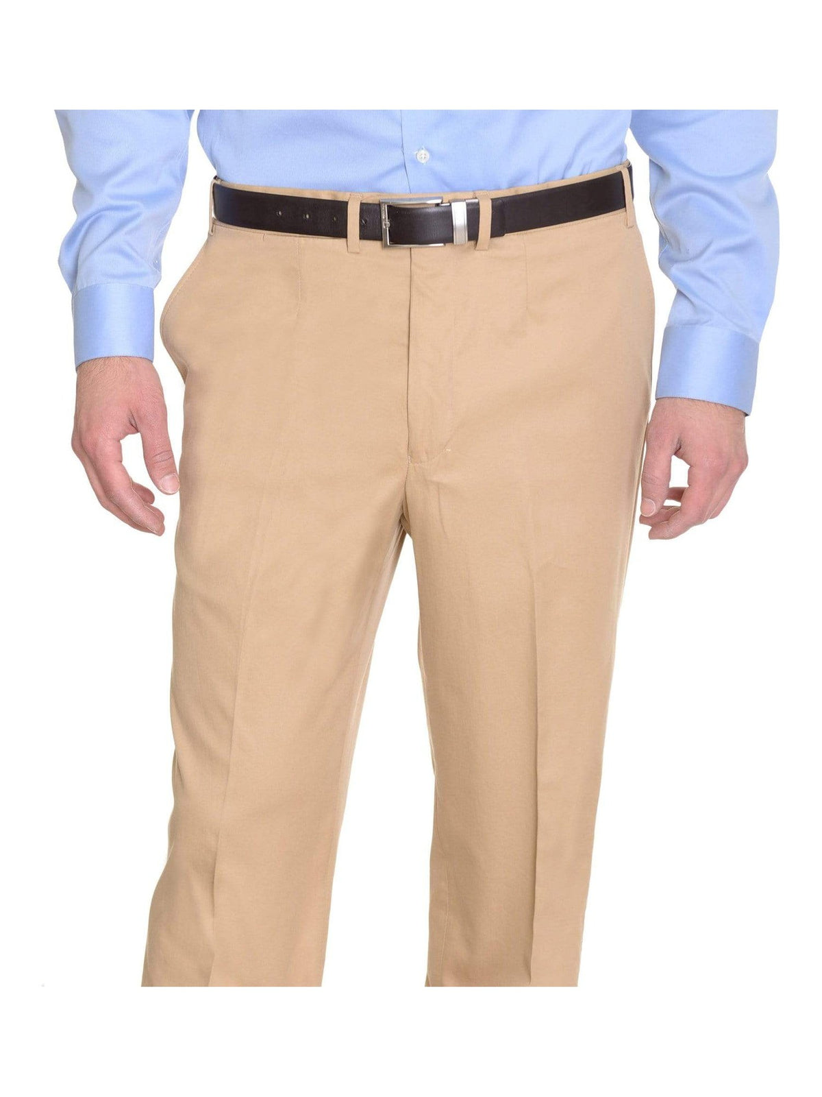 Crespi PANTS 32W Crespi Classic Fit Solid Tan Beige Flat Front Cotton Casual Khaki Pants