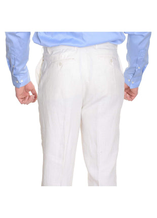 Crespi PANTS Crespi Classic Fit Solid Off-White Flat Front Linen Casual Pants