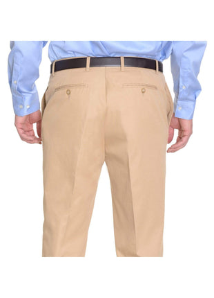 Crespi PANTS Crespi Classic Fit Solid Tan Beige Flat Front Cotton Casual Khaki Pants