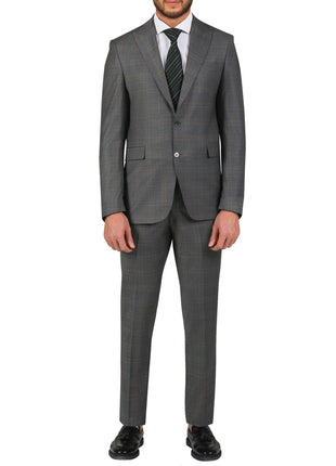 Di'nucci SUITS 36S Di'nucci Light Gray With Brown Windowpane Peak Lapel Wool Suit