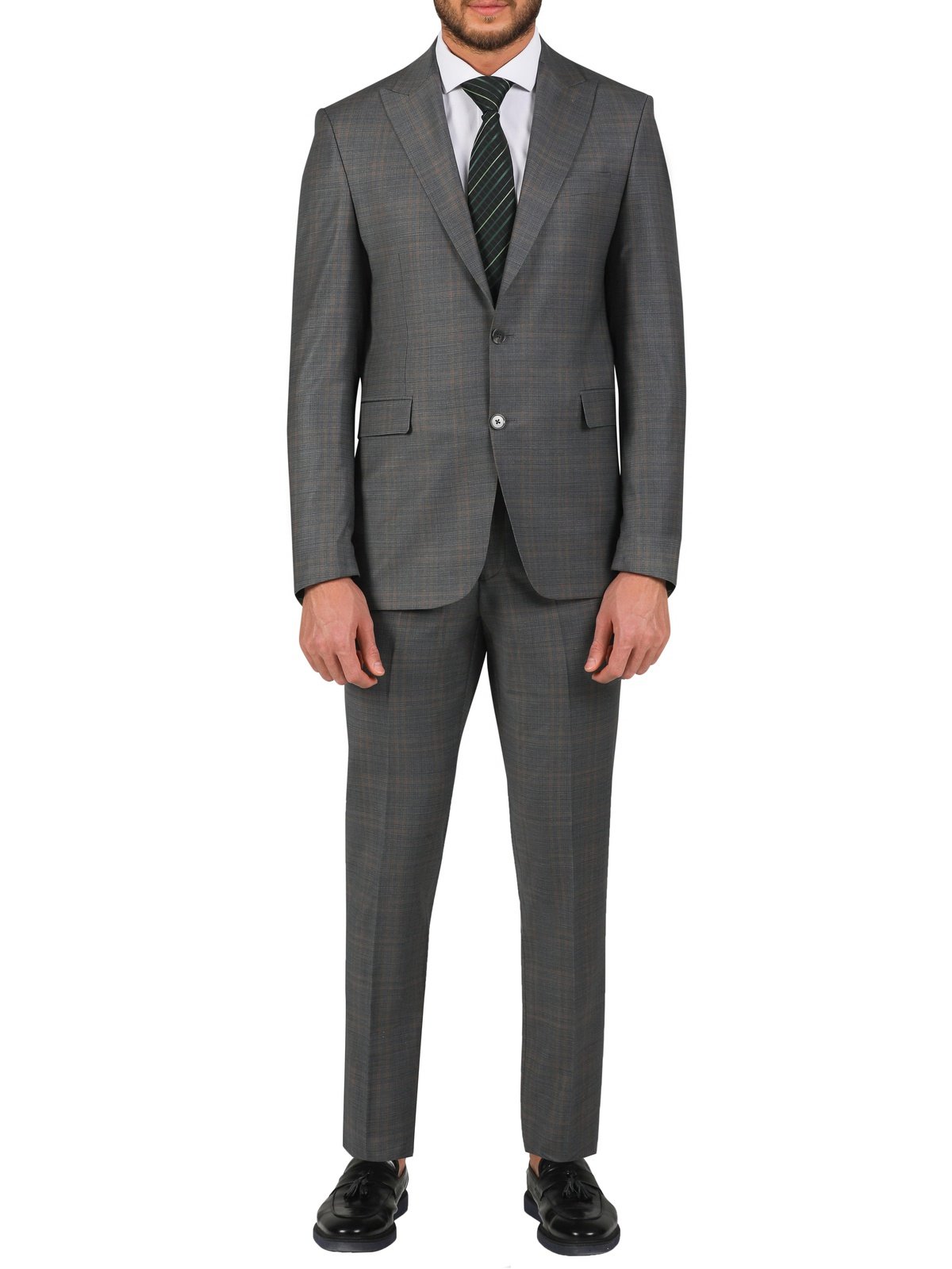 Di'nucci SUITS 36S Di'nucci Light Gray With Brown Windowpane Peak Lapel Wool Suit