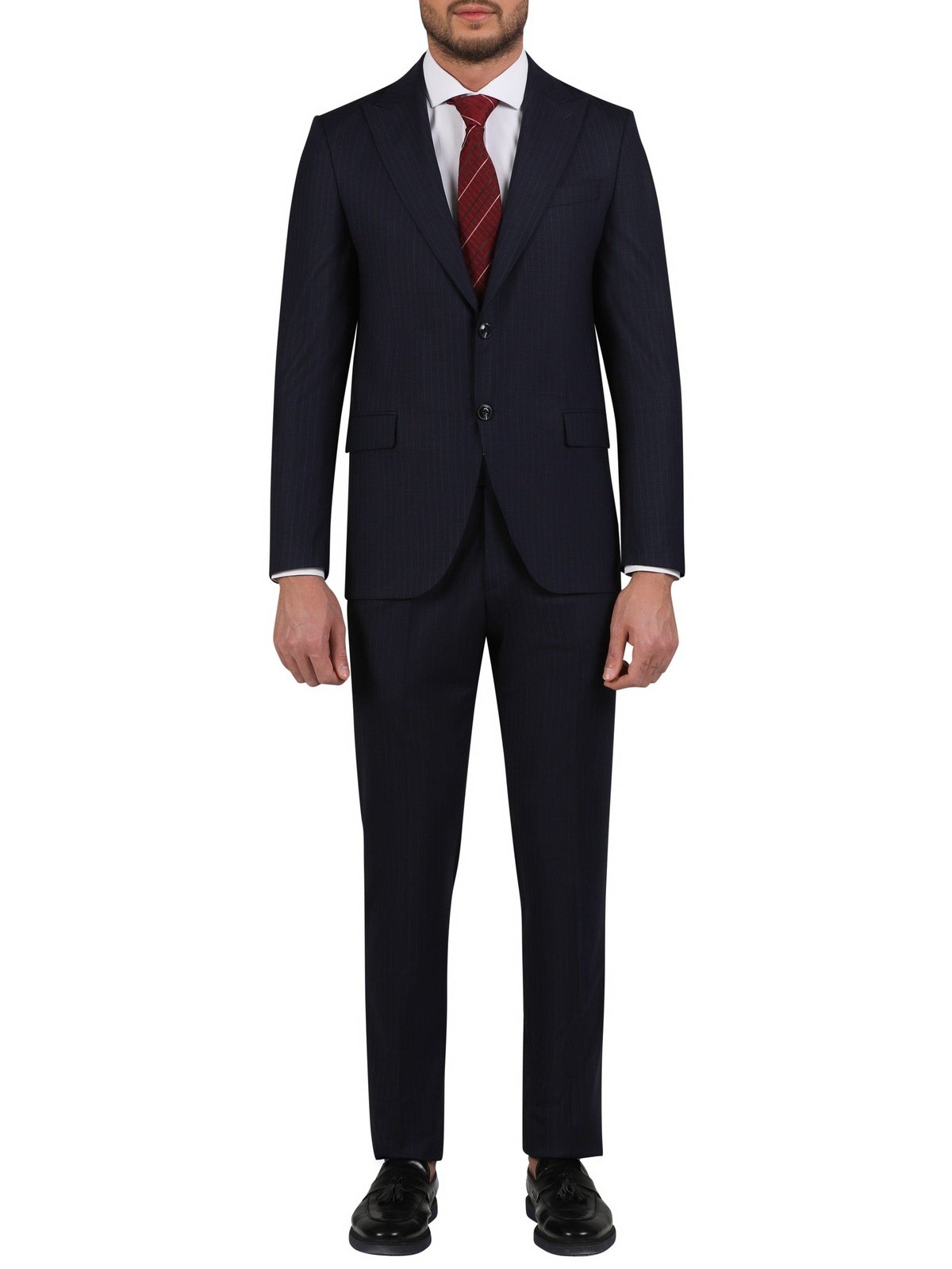 Di'nucci Navy With Purple Pinstripe Peak Lapel Wool Blend Suit