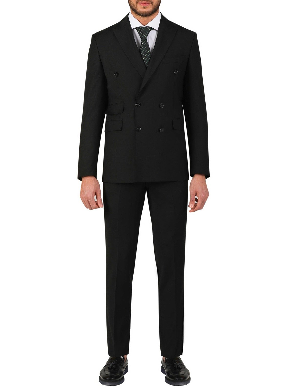 mens black dress suits Di'nucci Mens Slim Fit Solid Black Double Breasted Wool Blend Suit, 48S / 42W