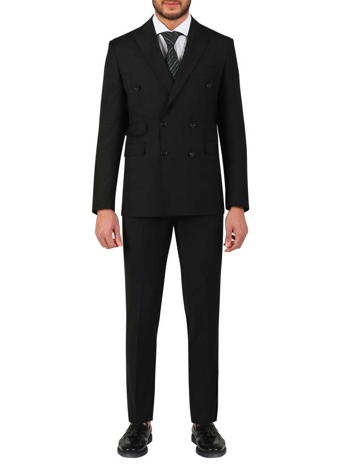 Di'nucci SUITS 36S Di'nucci Solid Black Double Breasted Wool Suit