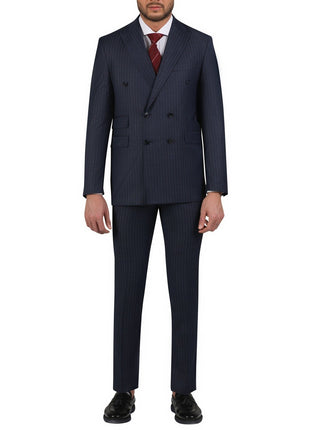 Di'nucci SUITS 38R Di'nucci Navy With Purple Pinstripe Double Breasted Peak Lapel Wool Suit