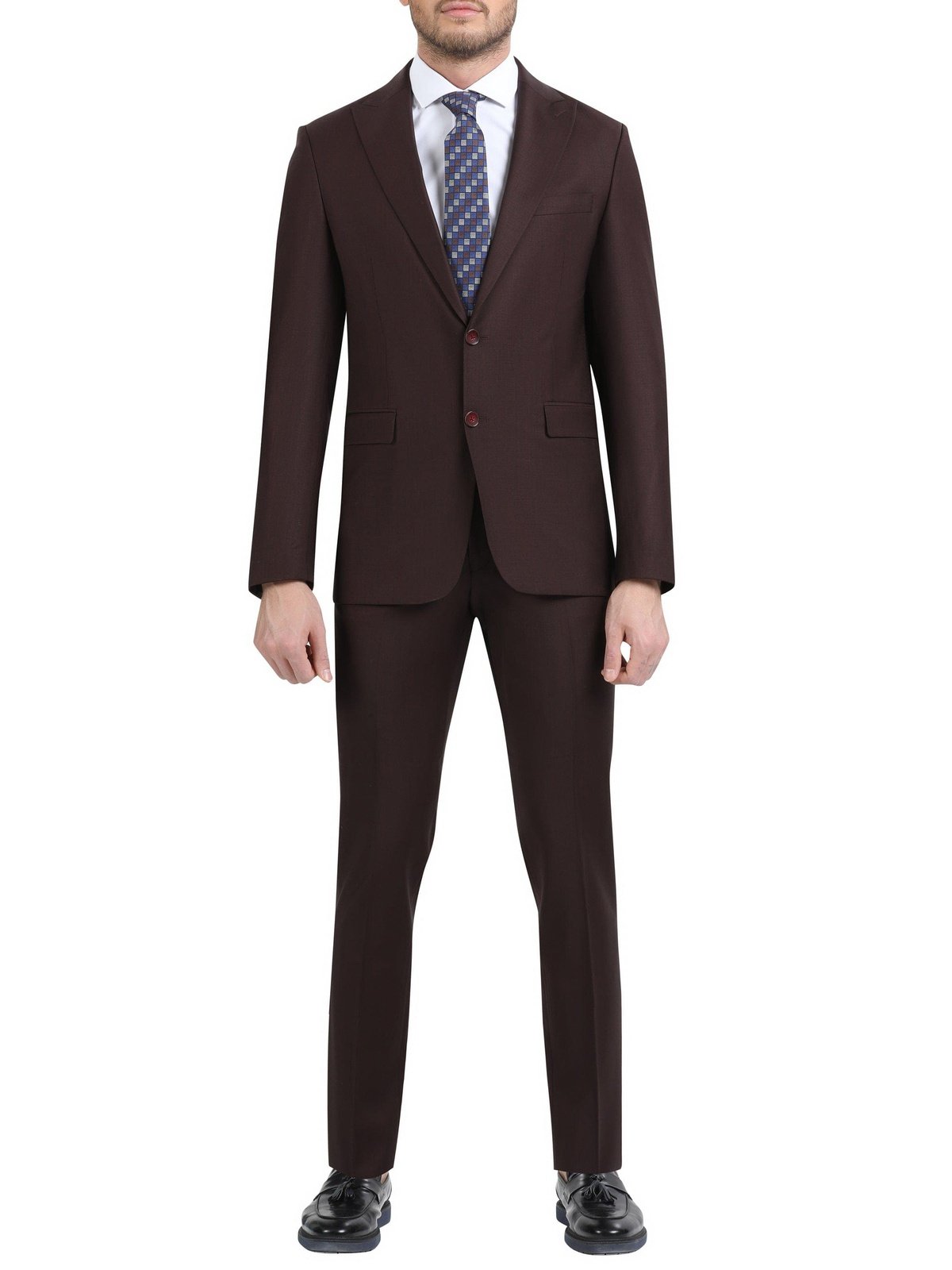 Di&#39;nucci SUITS 38R Di&#39;nucci Solid Burgundy Peak Lapel Wool Suit
