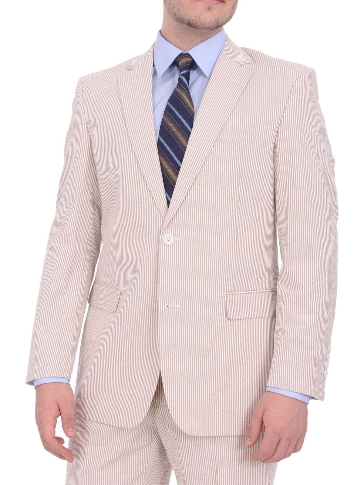 Emigre BLAZERS Emigre Classic Fit Tan & White Striped Seersucker Cotton Blazer Sportcoat