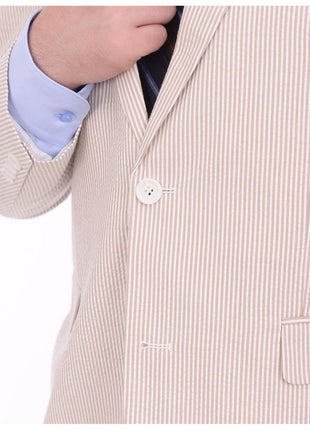 Emigre BLAZERS Emigre Classic Fit Tan & White Striped Seersucker Cotton Blazer Sportcoat
