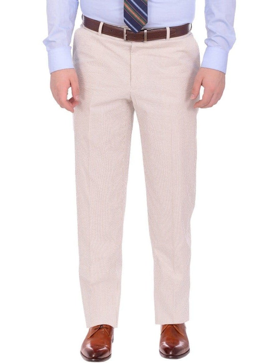 Emigre Classic Fit Tan &amp; White Striped Seersucker Flat Front Cotton Dress Pants - The Suit Depot