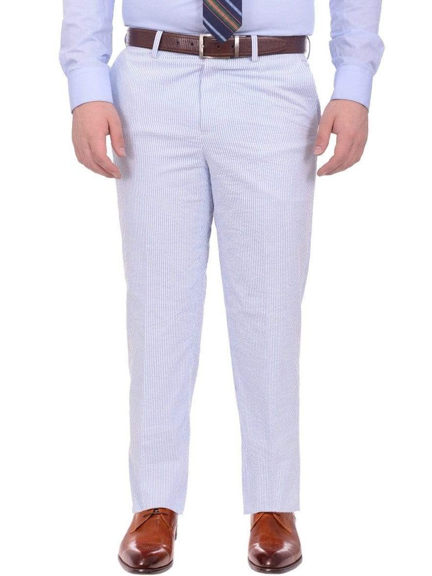 Emigre Classic Fit Blue & White Seersucker Striped Flat Front Cotton Dress  Pants