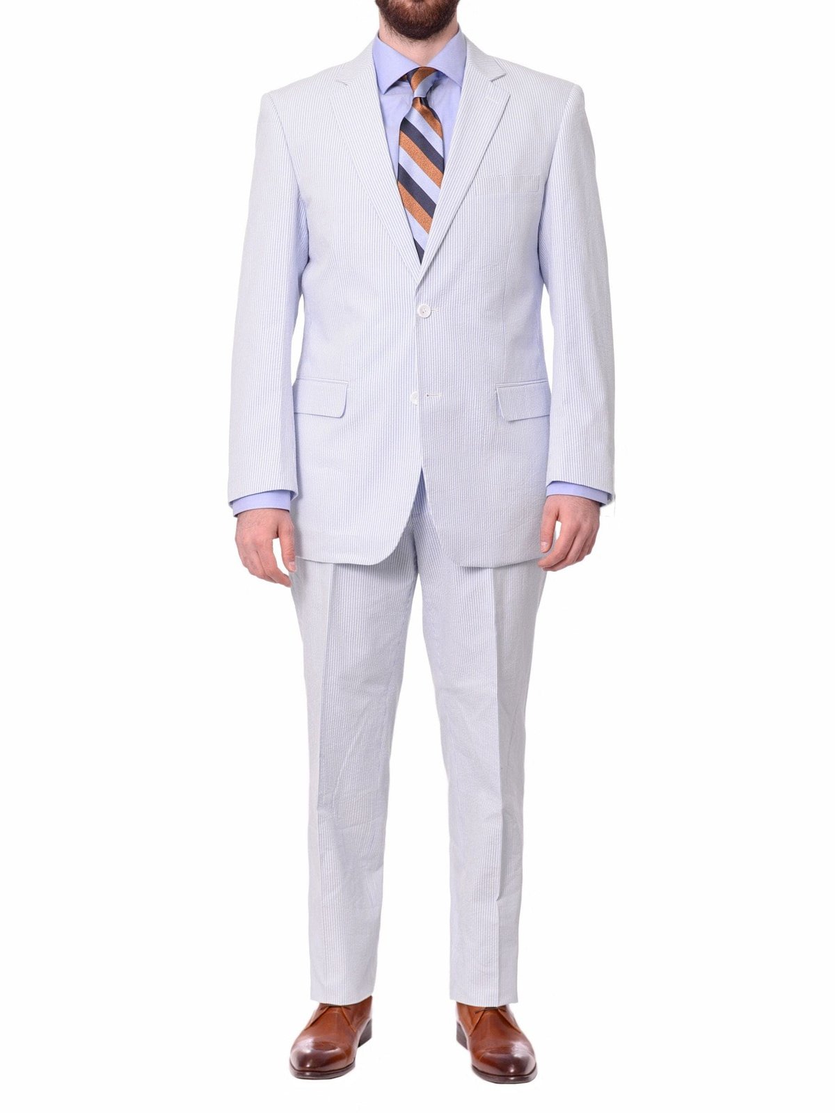 blue and white striped cotton seersucker suit
