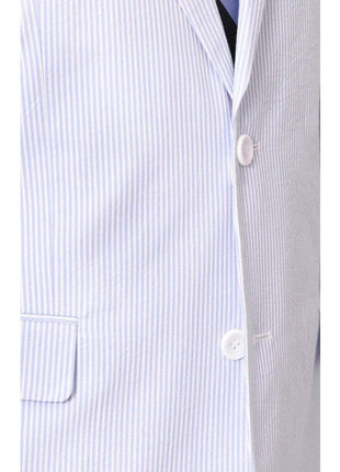 close up of blue and white striped seersucker suit buttons