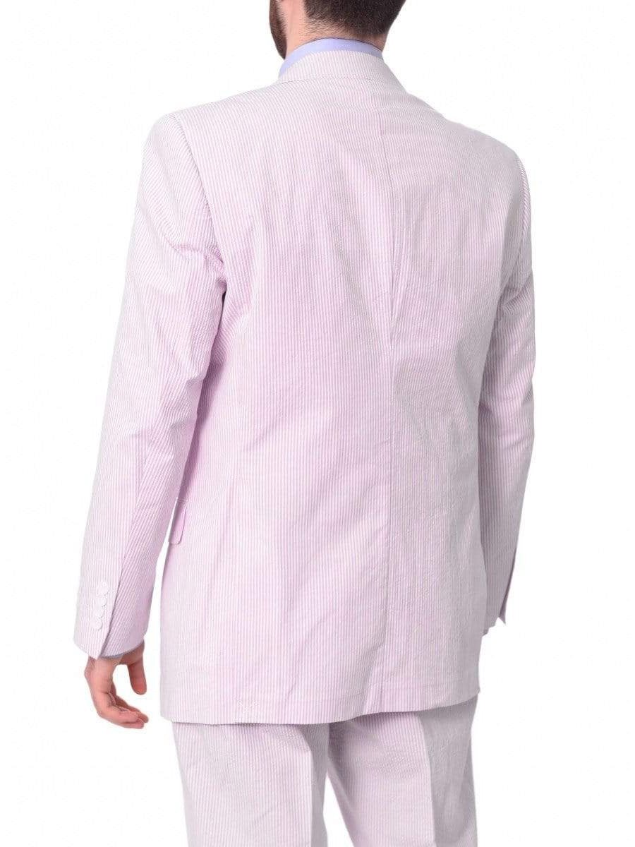 back view of pink and white striped seersucker suit jacket