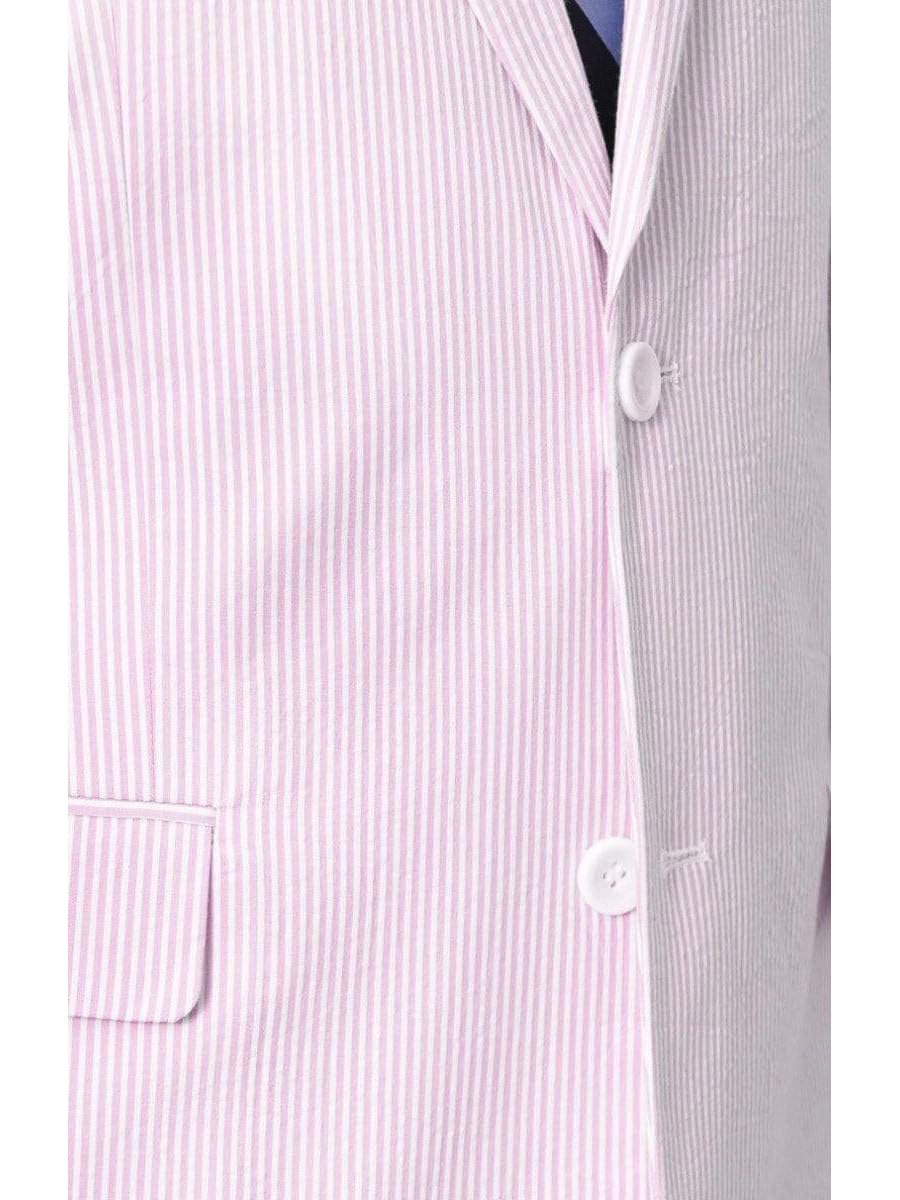 close up of pink and white striped seersucker suit jacket buttons
