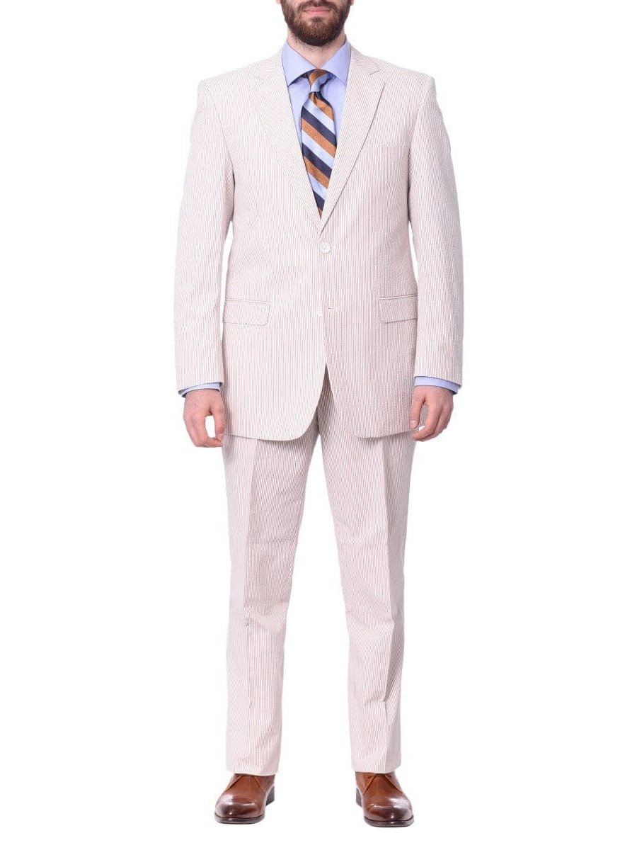 tan and white stripe cotton seersucker suit