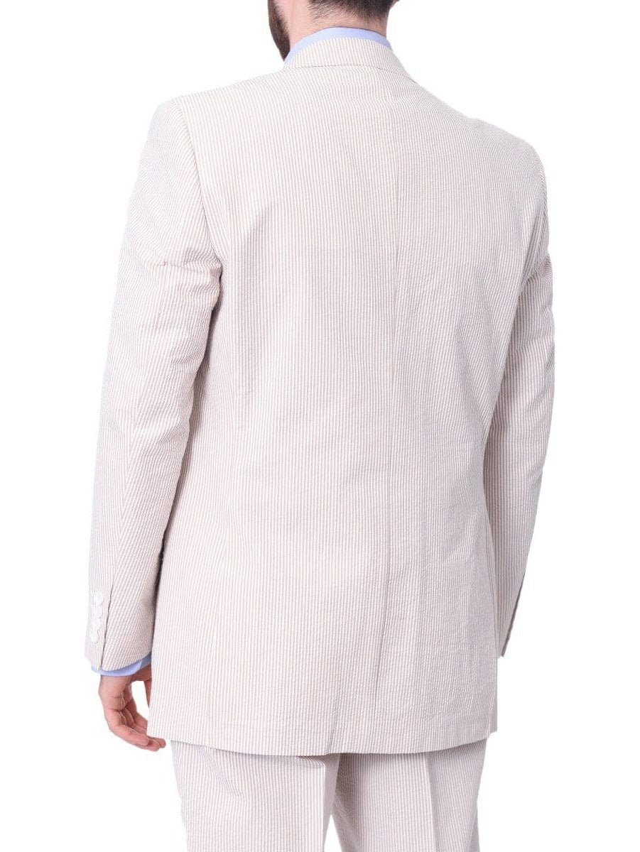 back view of tan and white striped cotton seersucker suit jacket