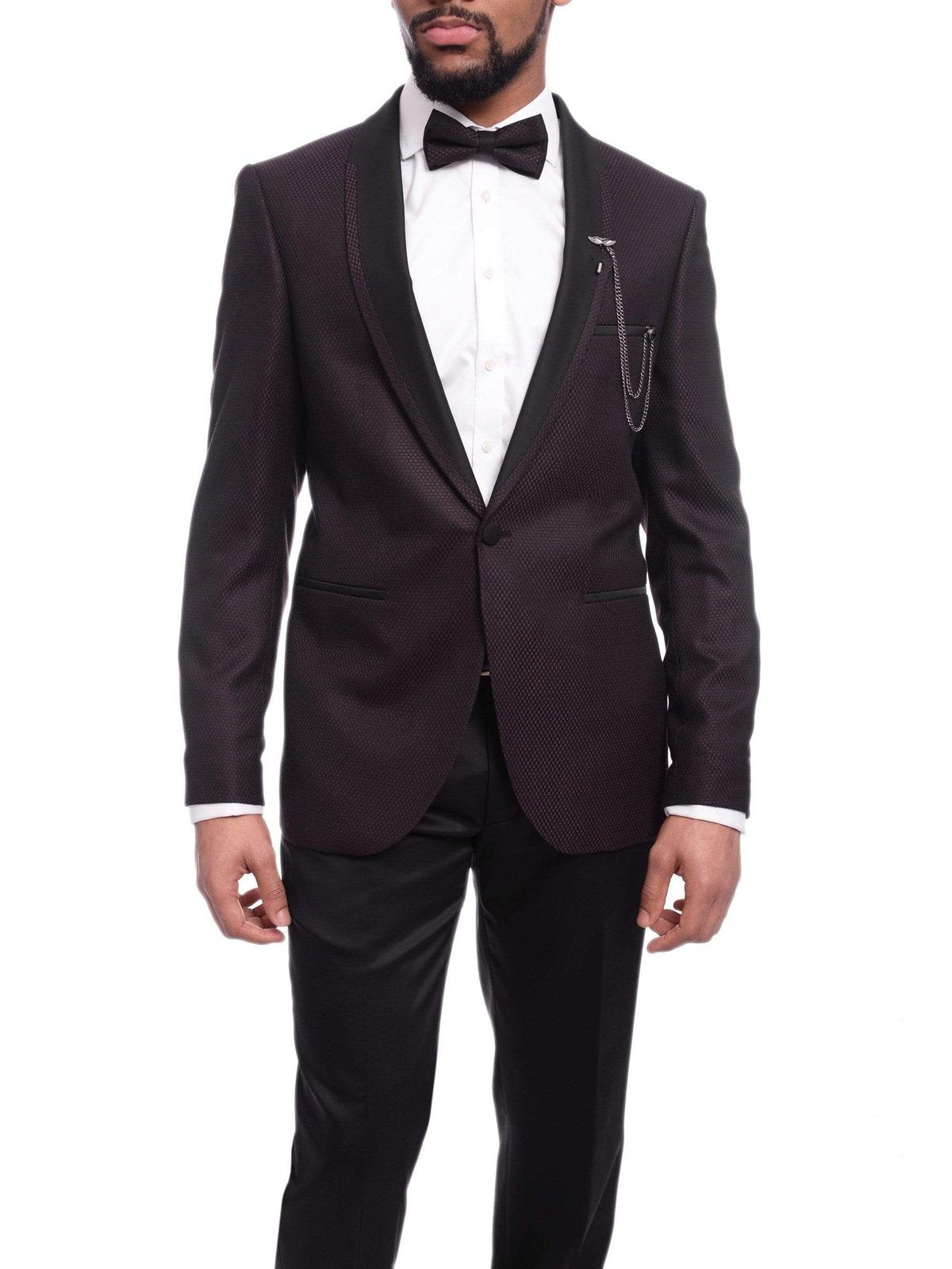 Emilio Guseppe TUXEDOS Emilio Gueseppe Slim Fit Burgundy &amp; Black Check Tuxedo Suit With Shawl Lapels