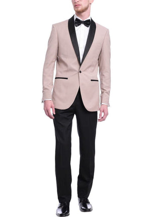 Gino Vitale TUXEDOS Gino Vitale Mens Slim Fit Khaki Tan One Button Tuxedo Suit With Shawl Lapels