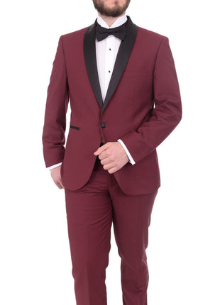 Gino Vitale TUXEDOS Gino Vitale Slim Fit Solid Burgundy One Button Tuxedo Suit With Shawl Lapel
