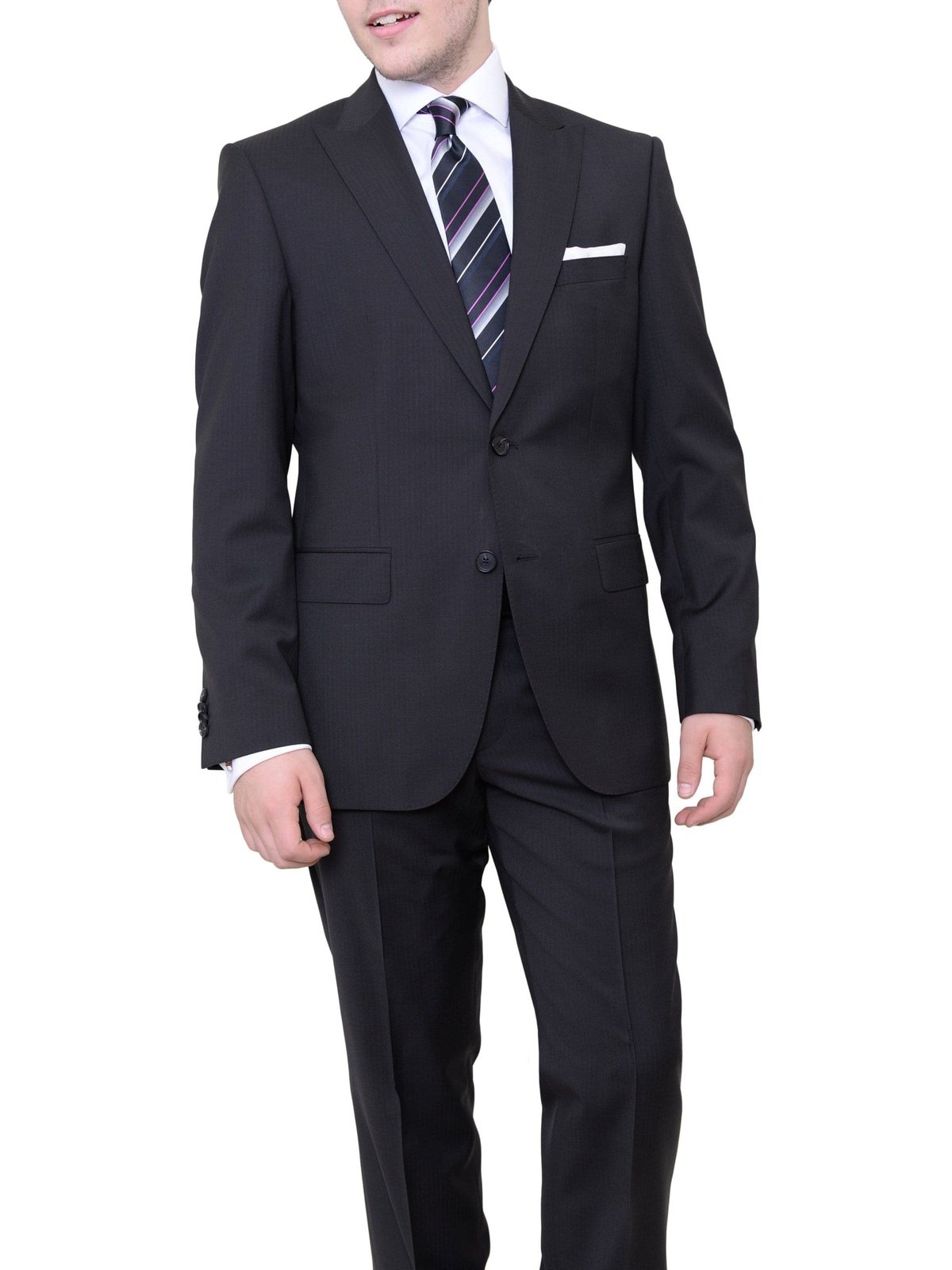 HUGO BOSS TWO PIECE SUITS 38S Hugo Boss Thefordham/central Black Tonal Striped Wool Suit With Peak Lapels