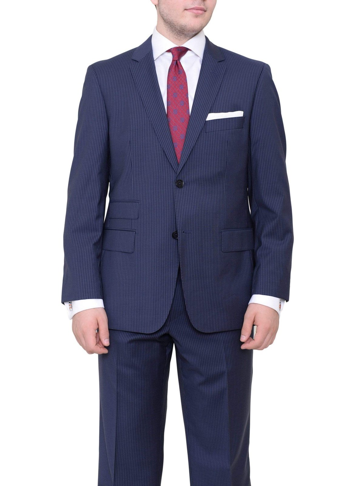 HUGO BOSS TWO PIECE SUITS 40L Hugo Boss Edison/power Classic Fit Navy Blue Pinstriped Two Button Wool Suit