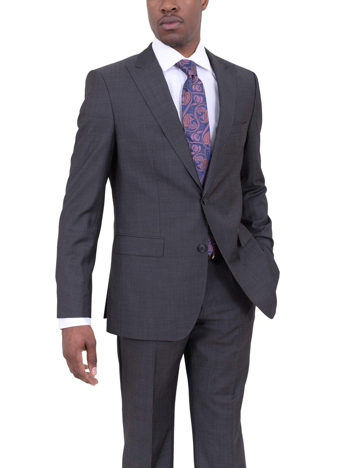 HUGO BOSS TWO PIECE SUITS 40L Hugo Boss The Fordham/central Charcoal Gray Pindot Wool Suit With Peak Lapels