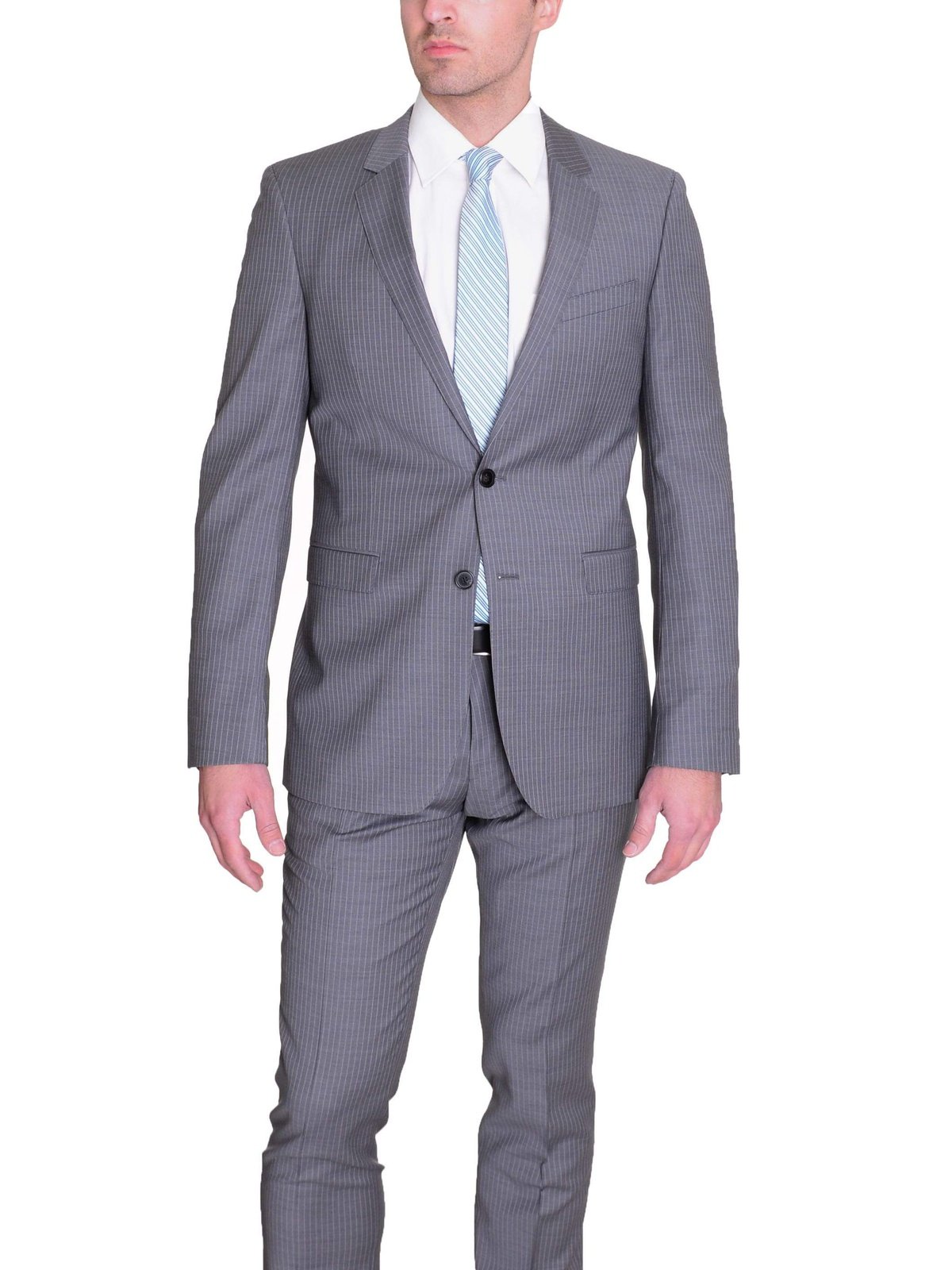 HUGO BOSS TWO PIECE SUITS 42S Hugo Boss Inwood/Winfield_1 Slim Fit Gray Striped Two Button Wool Suit