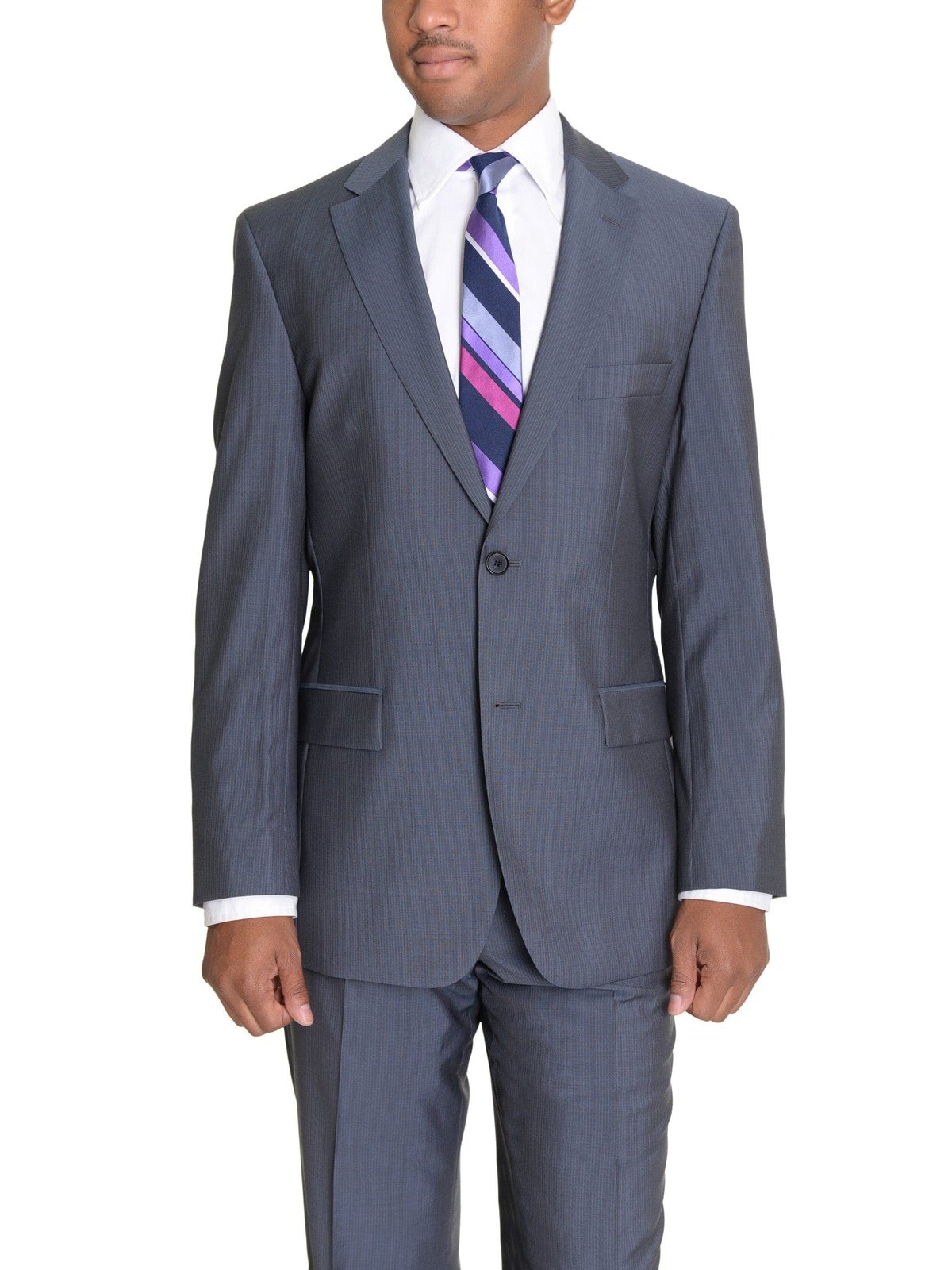 HUGO BOSS TWO PIECE SUITS Hugo Boss Paolini1/Movio1 Blue Gray Striped Two Button Wool Suit