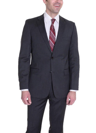 HUGO BOSS TWO PIECE SUITS Hugo Boss Pasini2/movie2 Classic Fit Charcoal Gray Striped Super 100 Wool Suit