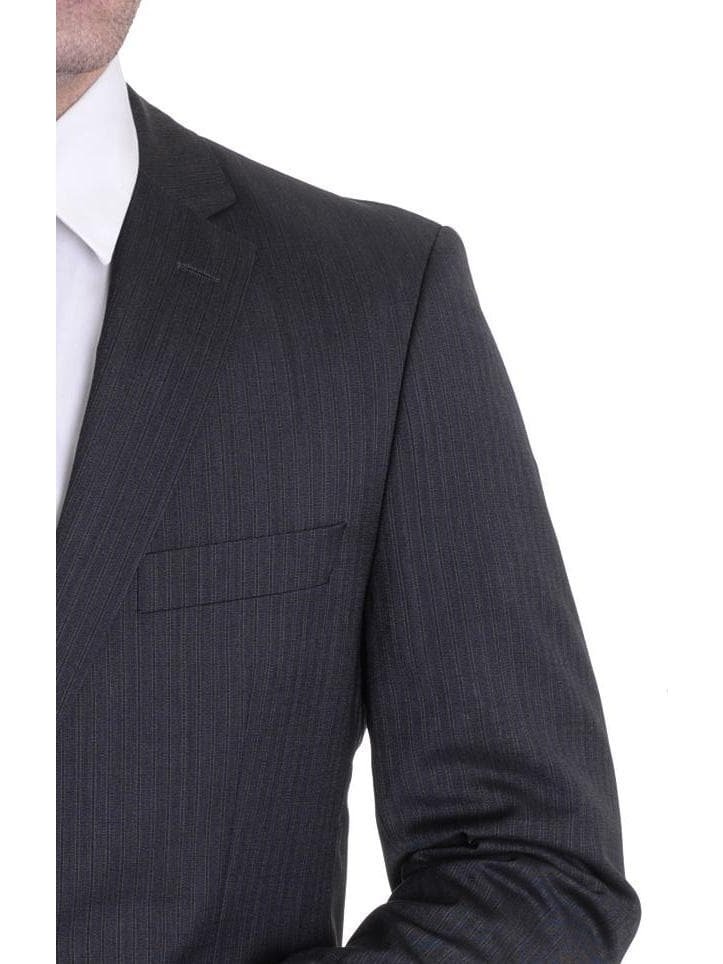 HUGO BOSS TWO PIECE SUITS Hugo Boss Pasini2/movie2 Classic Fit Charcoal Gray Striped Super 100 Wool Suit