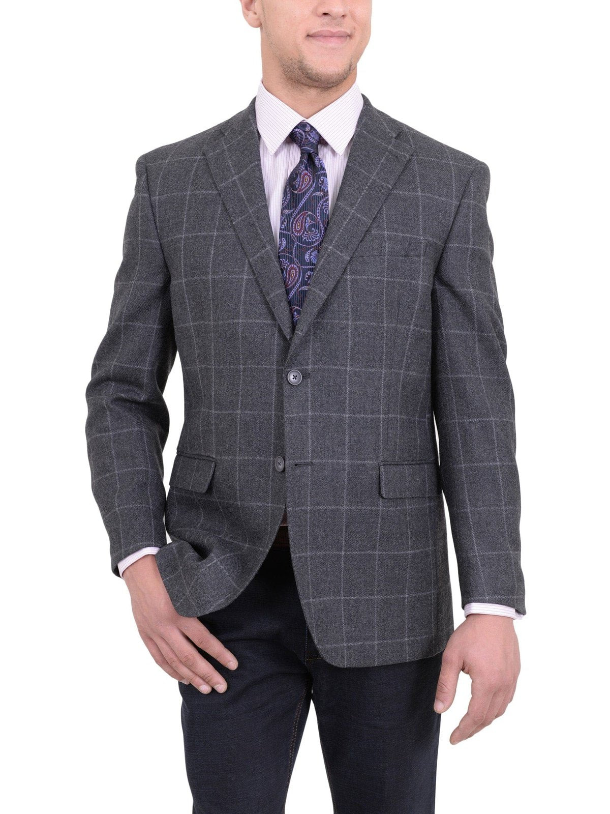 I Uomo BLAZERS I Uomo Classic Fit Gray Windowpane Flannel Wool Blazer Sportcoat