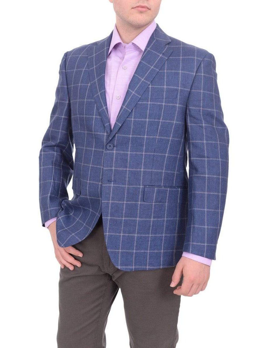 I Uomo BLAZERS I Uomo Men&#39;s Blue Windowpane Plaid Two Button 100% Linen Blazer Sportcoat