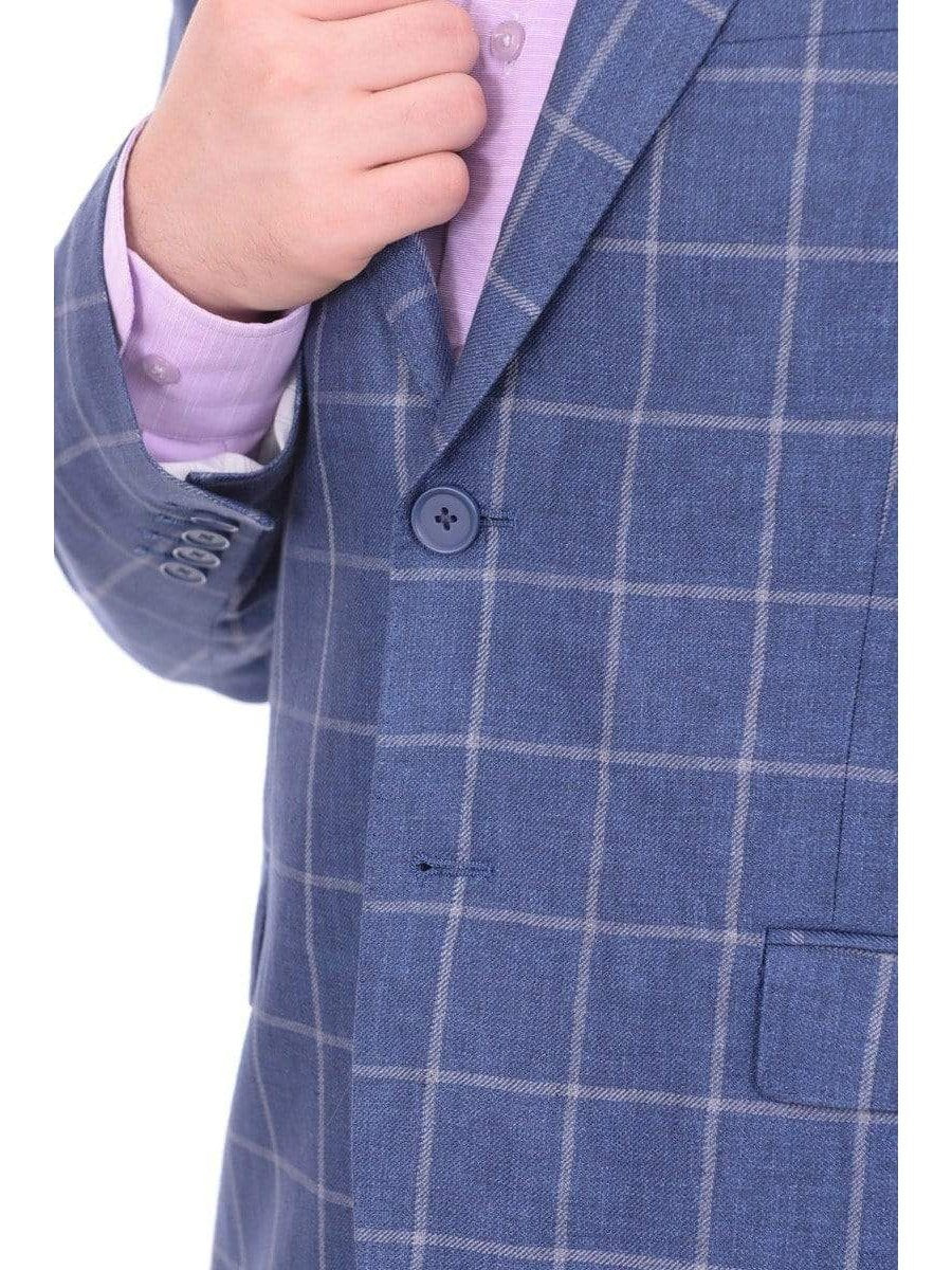 I Uomo BLAZERS I Uomo Men&#39;s Blue Windowpane Plaid Two Button 100% Linen Blazer Sportcoat