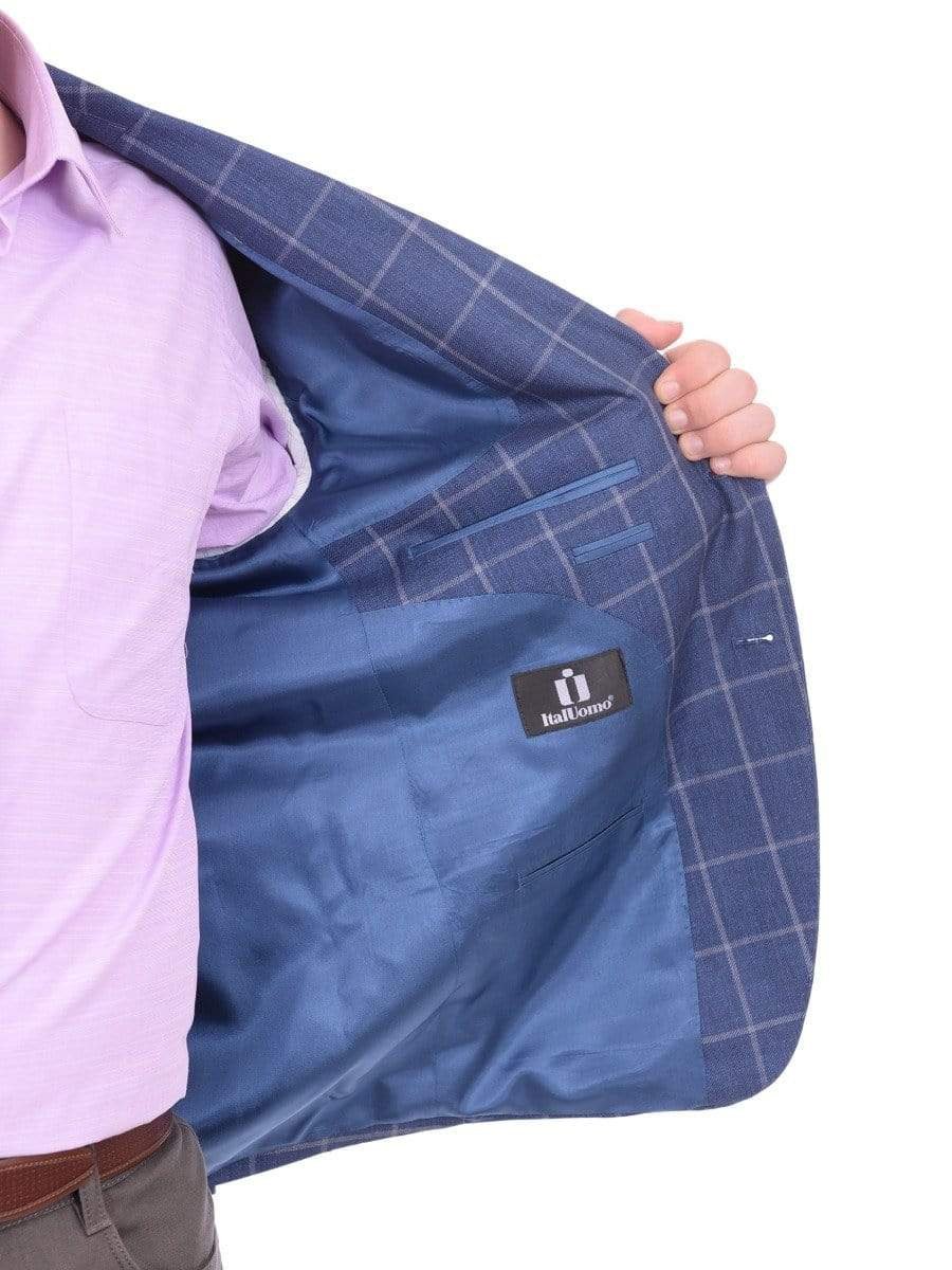 I Uomo BLAZERS I Uomo Men&#39;s Blue Windowpane Plaid Two Button 100% Linen Blazer Sportcoat