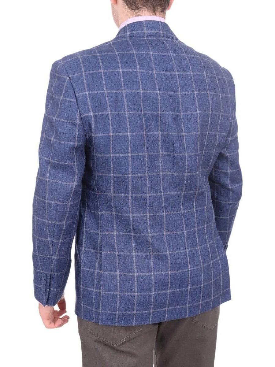 I Uomo BLAZERS I Uomo Men&#39;s Blue Windowpane Plaid Two Button 100% Linen Blazer Sportcoat